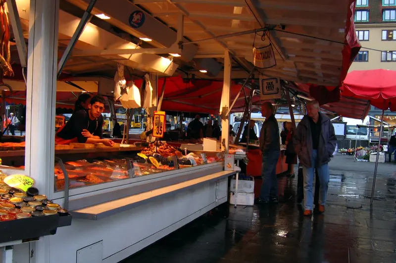 Fresh seafood on display at Bergen's fish market