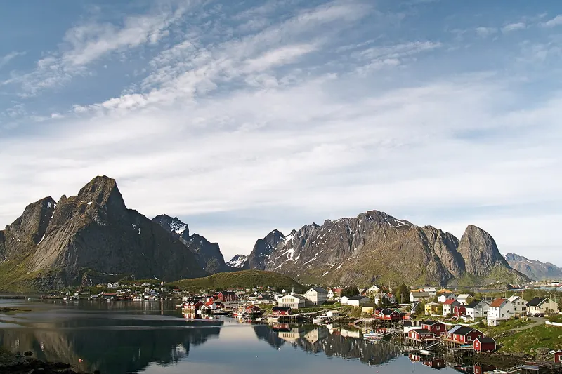 The fishing village of Reine beneath jagged peaks in the Lofoten Islands