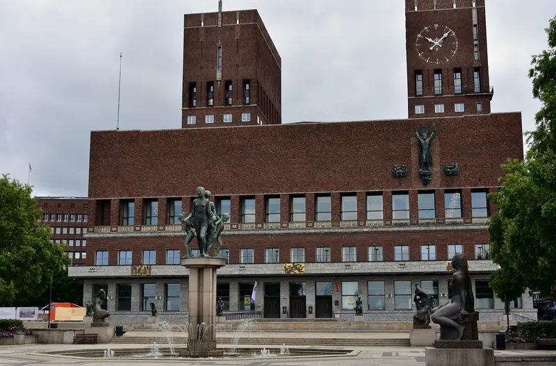 Oslo City Hall's twin brick towers overlooking the harbour