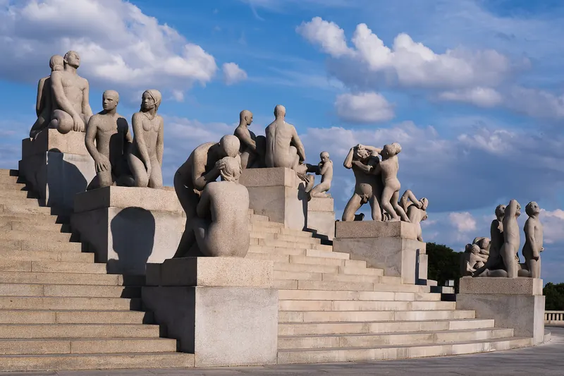 Granite sculptures lining the staircase at Vigeland Park