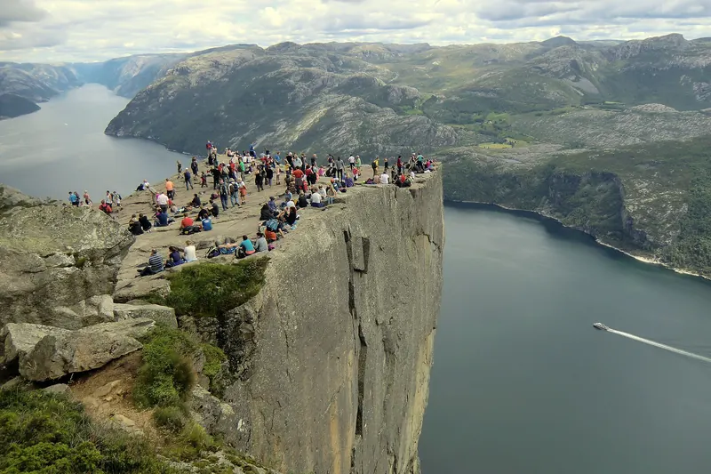 Preikestolen, a flat cliff plateau high above Lysefjord in Norway