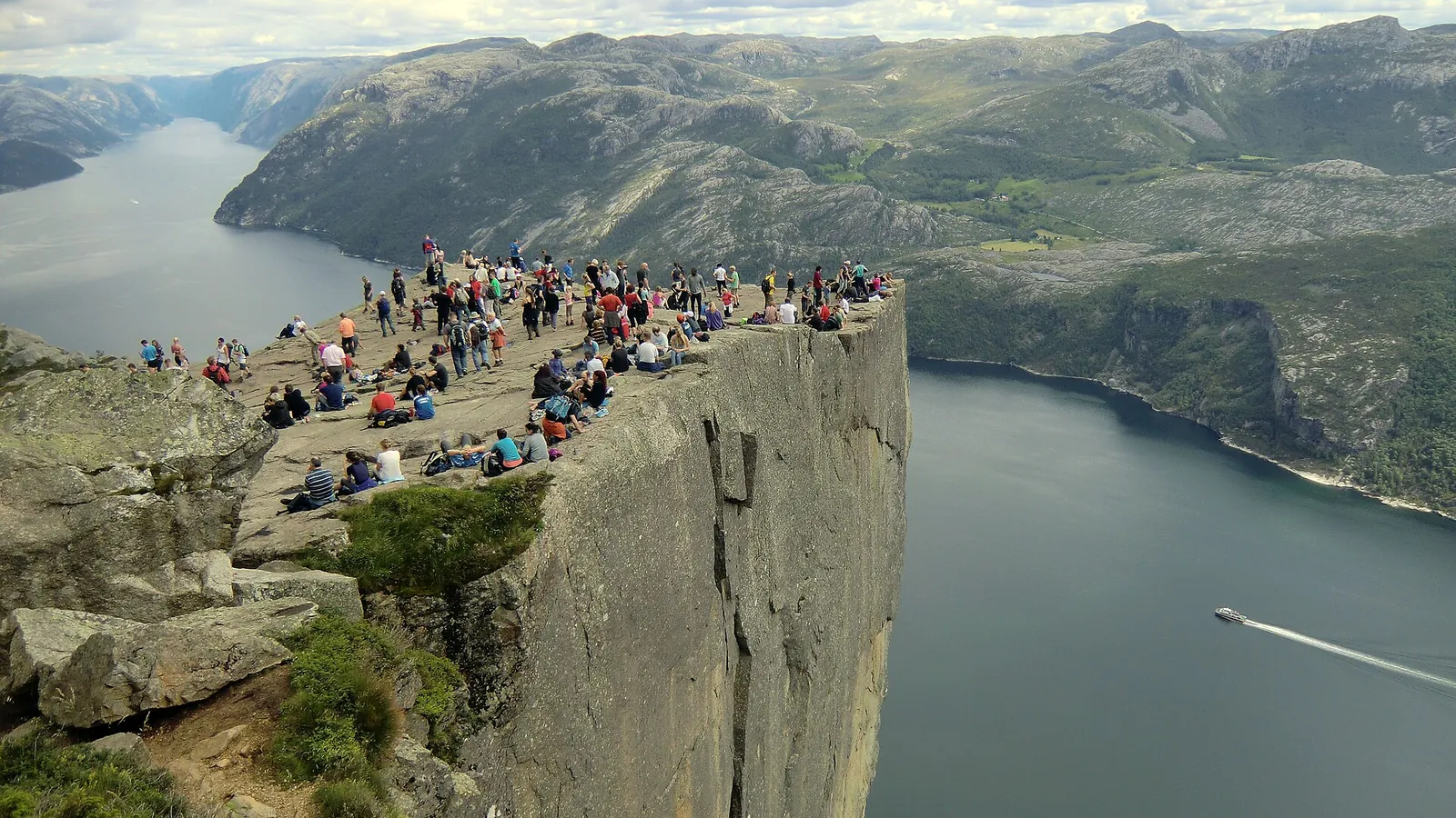 Preikestolen, a flat cliff plateau high above Lysefjord in Norway