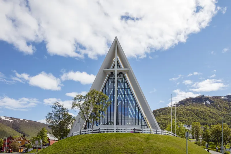 The triangular glass facade of Tromsø's Arctic Cathedral