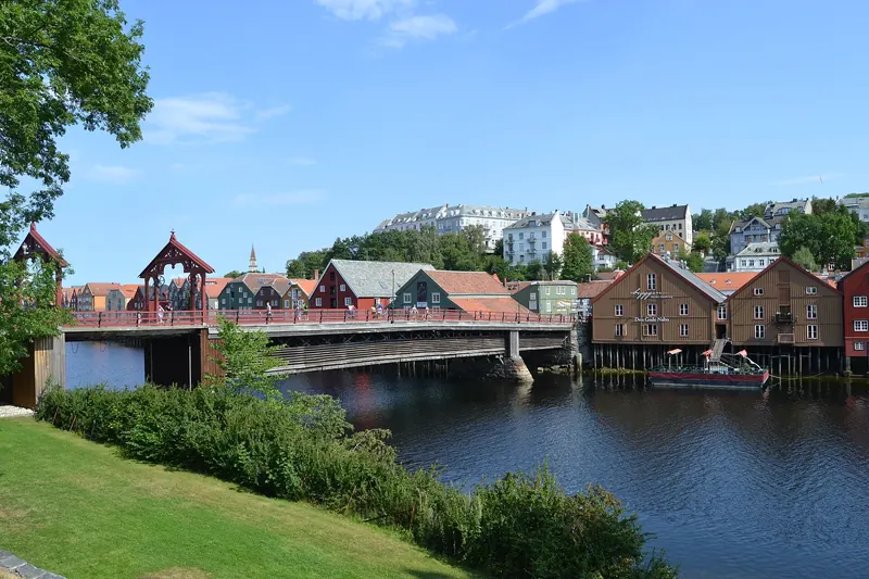 The red Old Town Bridge crossing the Nidelva river in Trondheim