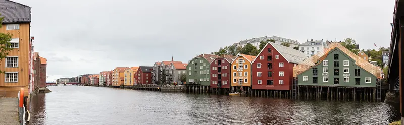 Colourful old wooden warehouses along the Nidelva river in Trondheim