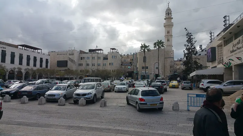 Manger Square in Bethlehem with the Church of the Nativity and the Mosque of Omar