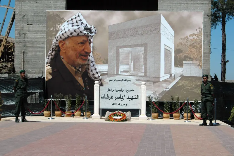 The stone mausoleum of Yasser Arafat in Ramallah with its guards