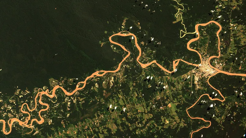 An aerial view of Puerto Maldonado at the edge of the Amazon