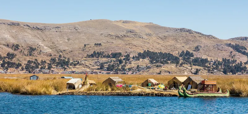 The floating reed islands of the Uros people on Lake Titicaca