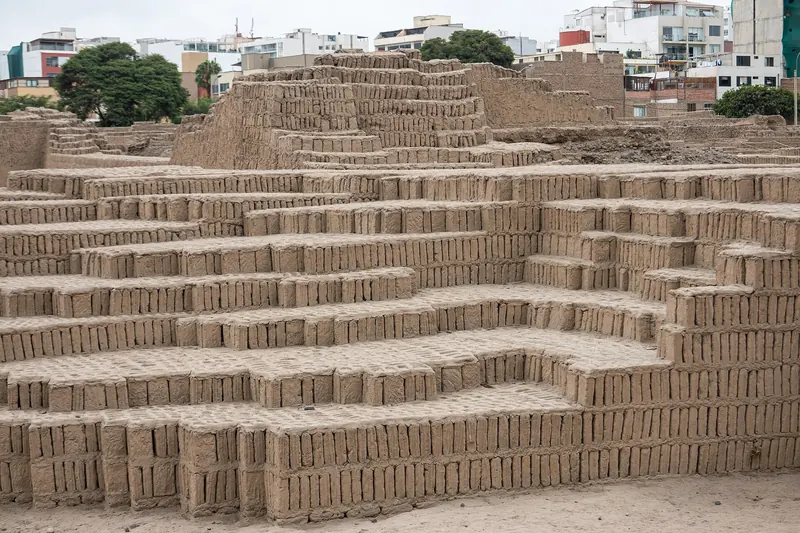 Huaca Pucllana pyramid at sunset in Lima