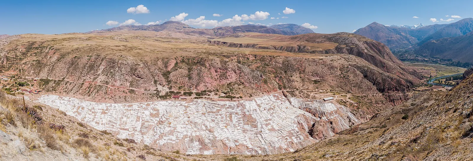 The Maras salt pans terracing down the Sacred Valley hillside