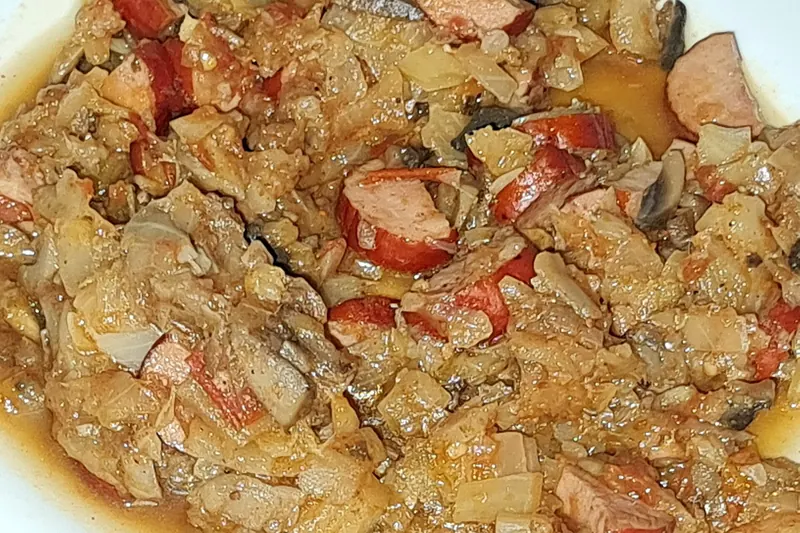 A bowl of bigos, hunter's stew of cabbage and meat