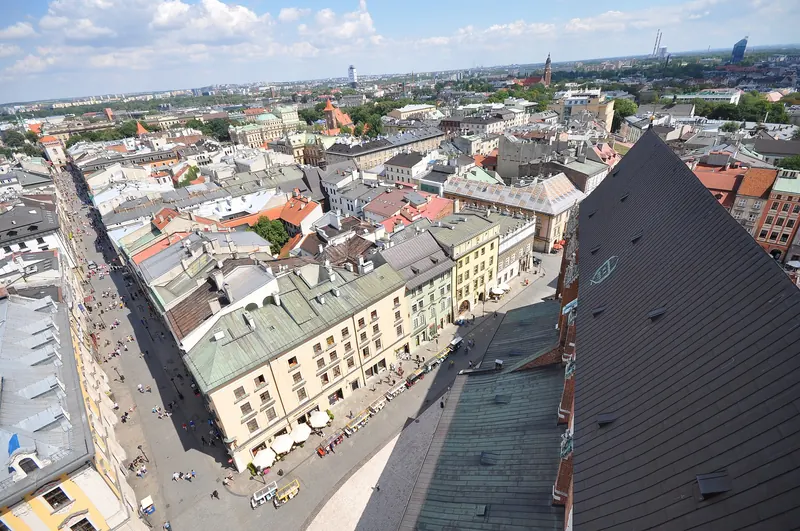 The rooftops and towers of Kraków's Old Town seen from St. Mary's Basilica