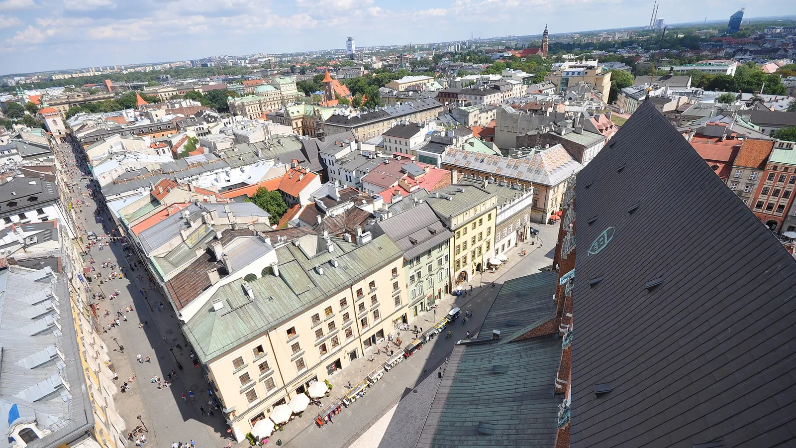 The rooftops and towers of Kraków's Old Town seen from St. Mary's Basilica