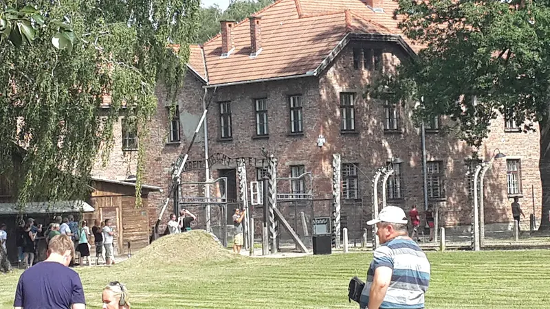 The gate of Auschwitz I with its iron sign above the entrance