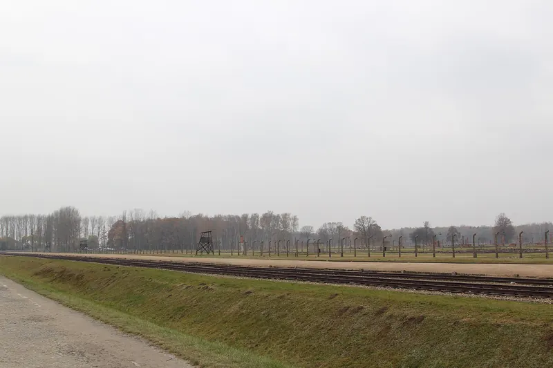 The selection ramp at Birkenau with railway tracks