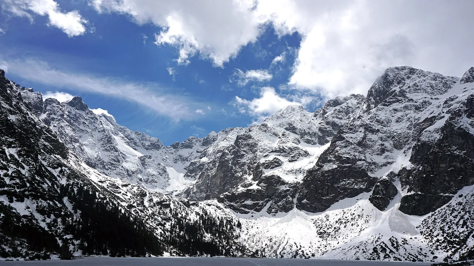 The lake Morskie Oko with the Tatra peaks reflected in its water