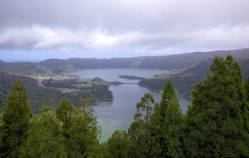 The twin blue and green crater lakes of Sete Cidades seen from the Vista do Rei viewpoint