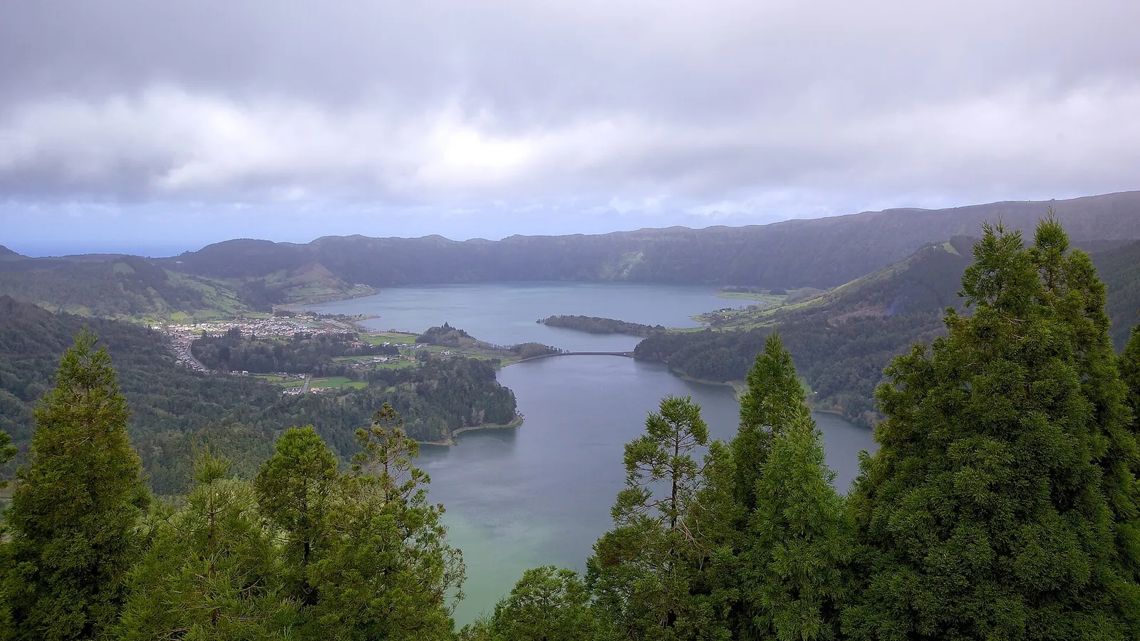 The twin blue and green crater lakes of Sete Cidades seen from the Vista do Rei viewpoint