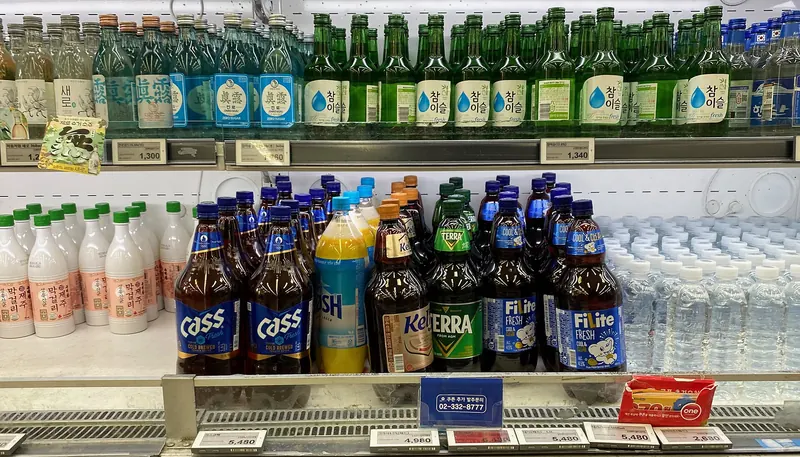Bottles of Korean beer, soju and makgeolli