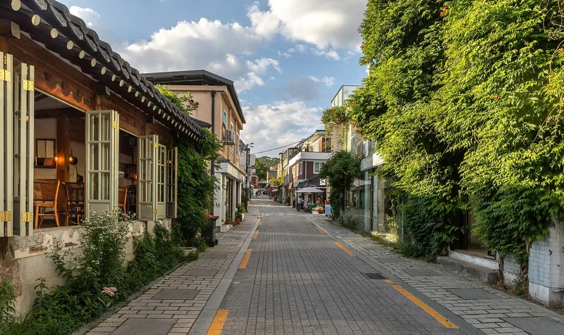 A quiet hanok-lined street in Seoul covered in climbing plants at golden hour