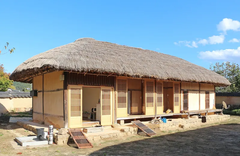 Lanes of traditional houses and stone walls in Hahoe Folk Village