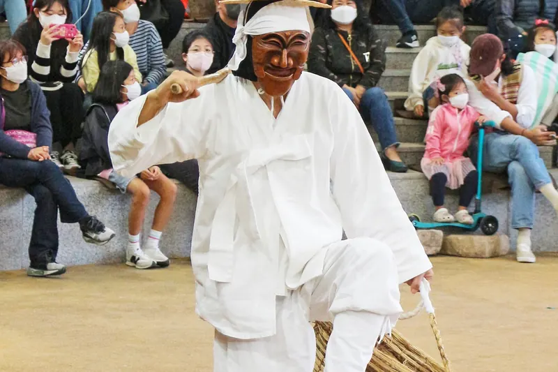 Performers in wooden masks at the Hahoe Byeolsingut Tallori mask dance