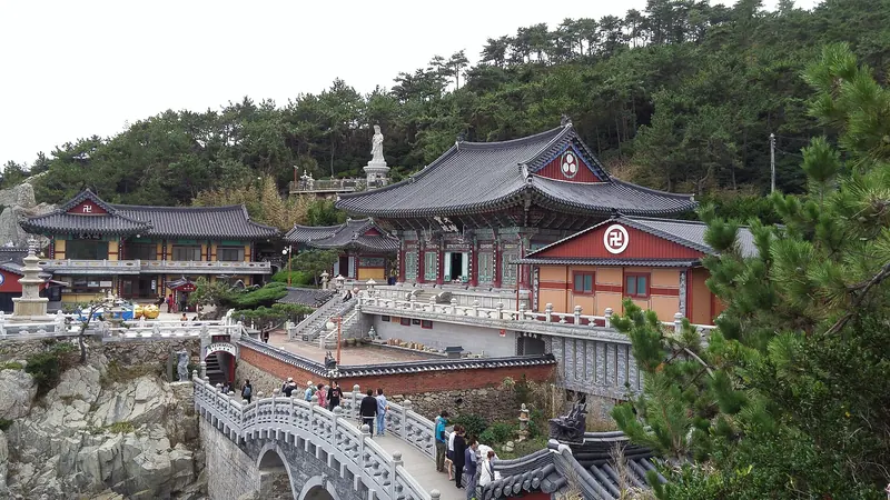Haedong Yonggungsa temple on a rocky shoreline beside the sea
