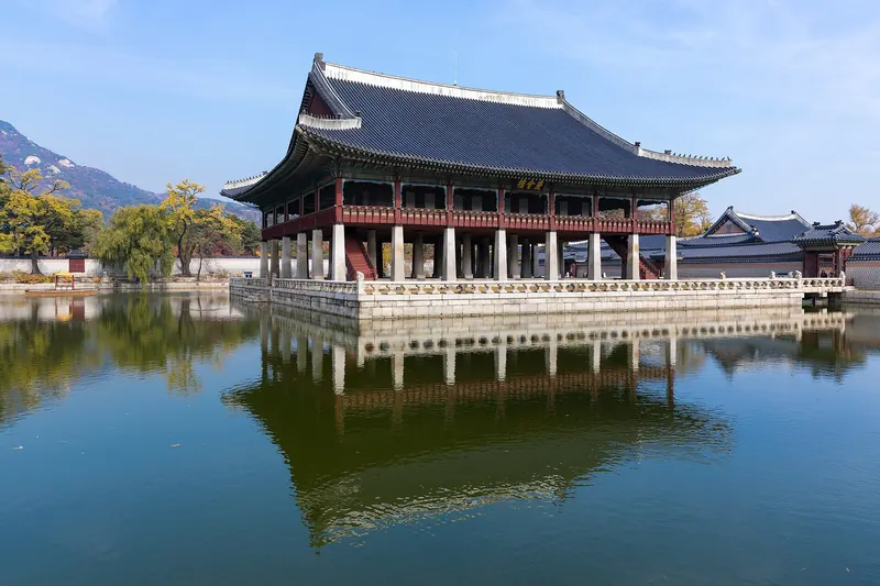 Gyeonghoeru, the royal banquet hall at Gyeongbokgung Palace, reflected in its pond