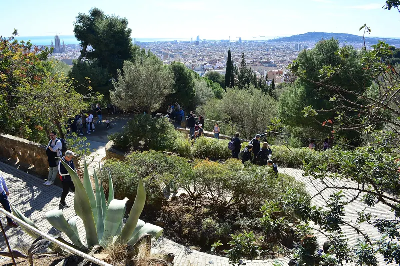 The city of Barcelona and the sea seen from the terraces of Park Güell