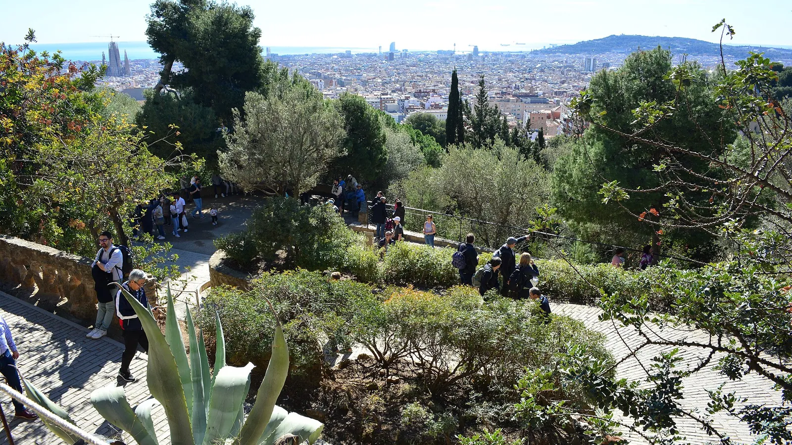 The city of Barcelona and the sea seen from the terraces of Park Güell