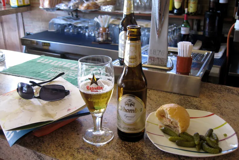 A beer served with a free tapa, the custom across Granada province
