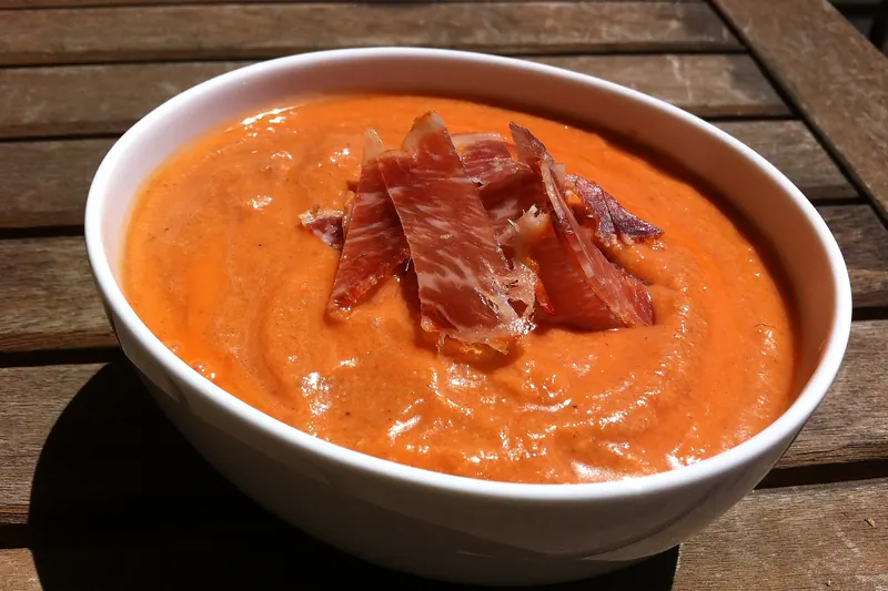 Salmorejo, thick and cold, topped with egg and ham