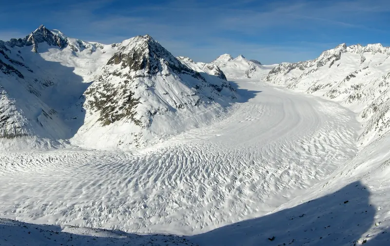The Aletsch Glacier, the longest ice stream in the Alps, seen from above