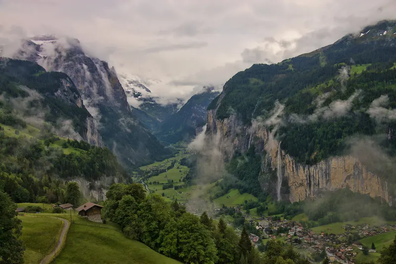 The Lauterbrunnen Valley with its sheer cliffs and green meadows