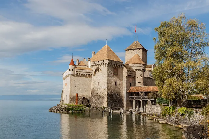 Château de Chillon on a rock at the edge of Lake Geneva