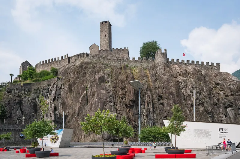 Castelgrande rising above the Piazza del Sole in Bellinzona