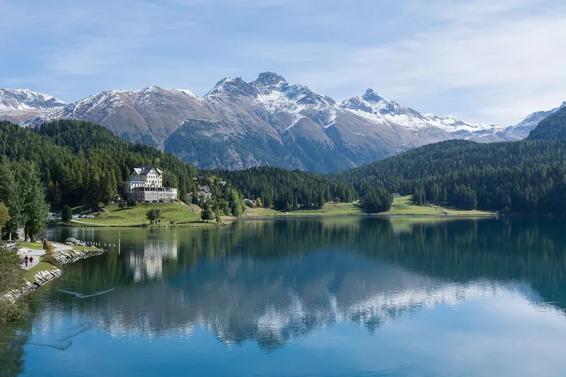 Lake St. Moritz with the town and mountains beyond