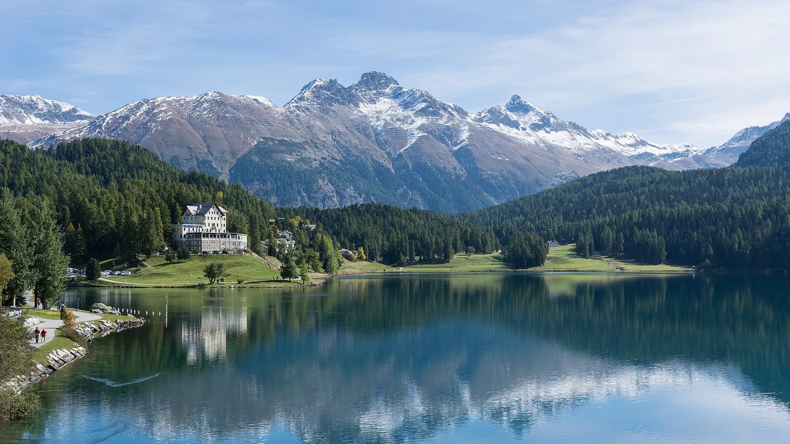 Lake St. Moritz with the town and mountains beyond
