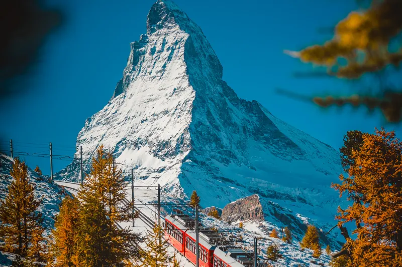The Gornergrat railway with the Matterhorn in the distance