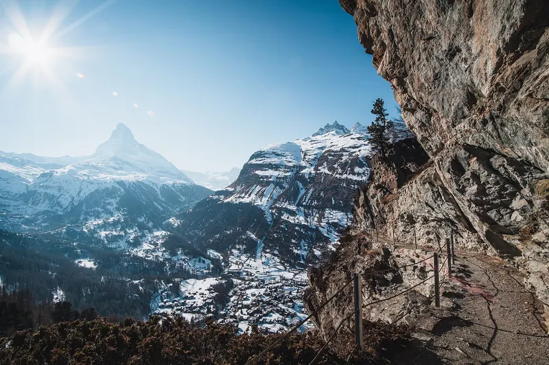 Zermatt village in winter with the Matterhorn rising behind