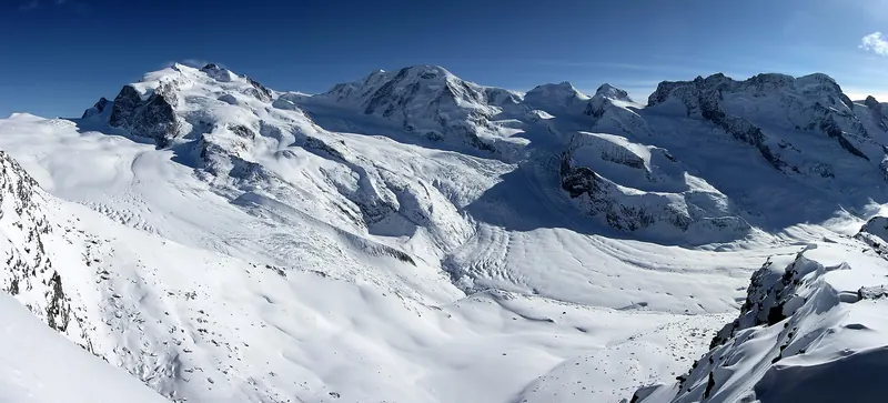 A wide panorama of glaciers and peaks from Gornergrat
