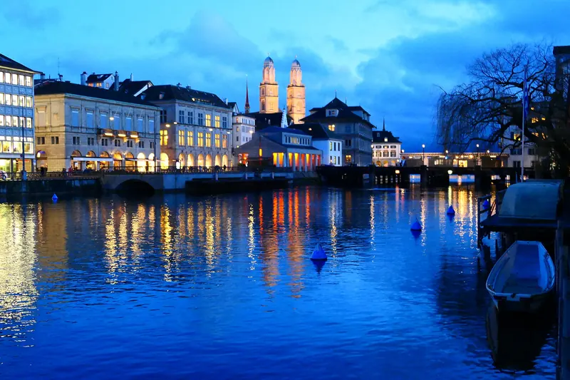 Zurich's old town, the Limmat river and the twin towers of the Grossmünster