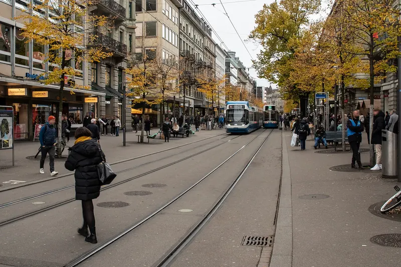 Bahnhofstrasse, Zurich's famous shopping street, lined with trees