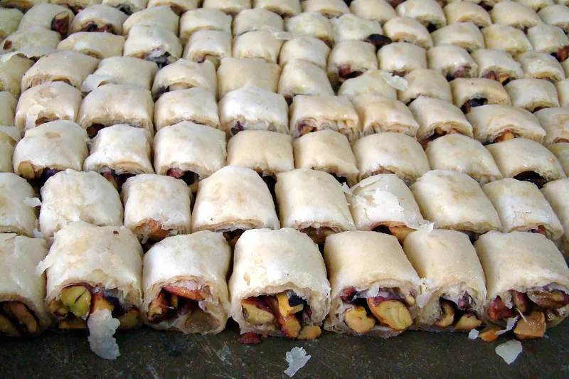 Trays of baklava and Arab pastries in a Damascus shop