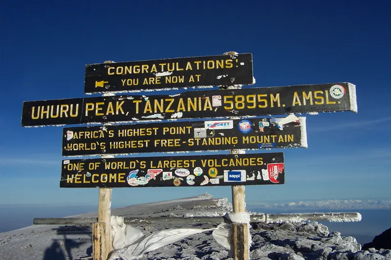 The summit sign at Uhuru Peak on Kilimanjaro