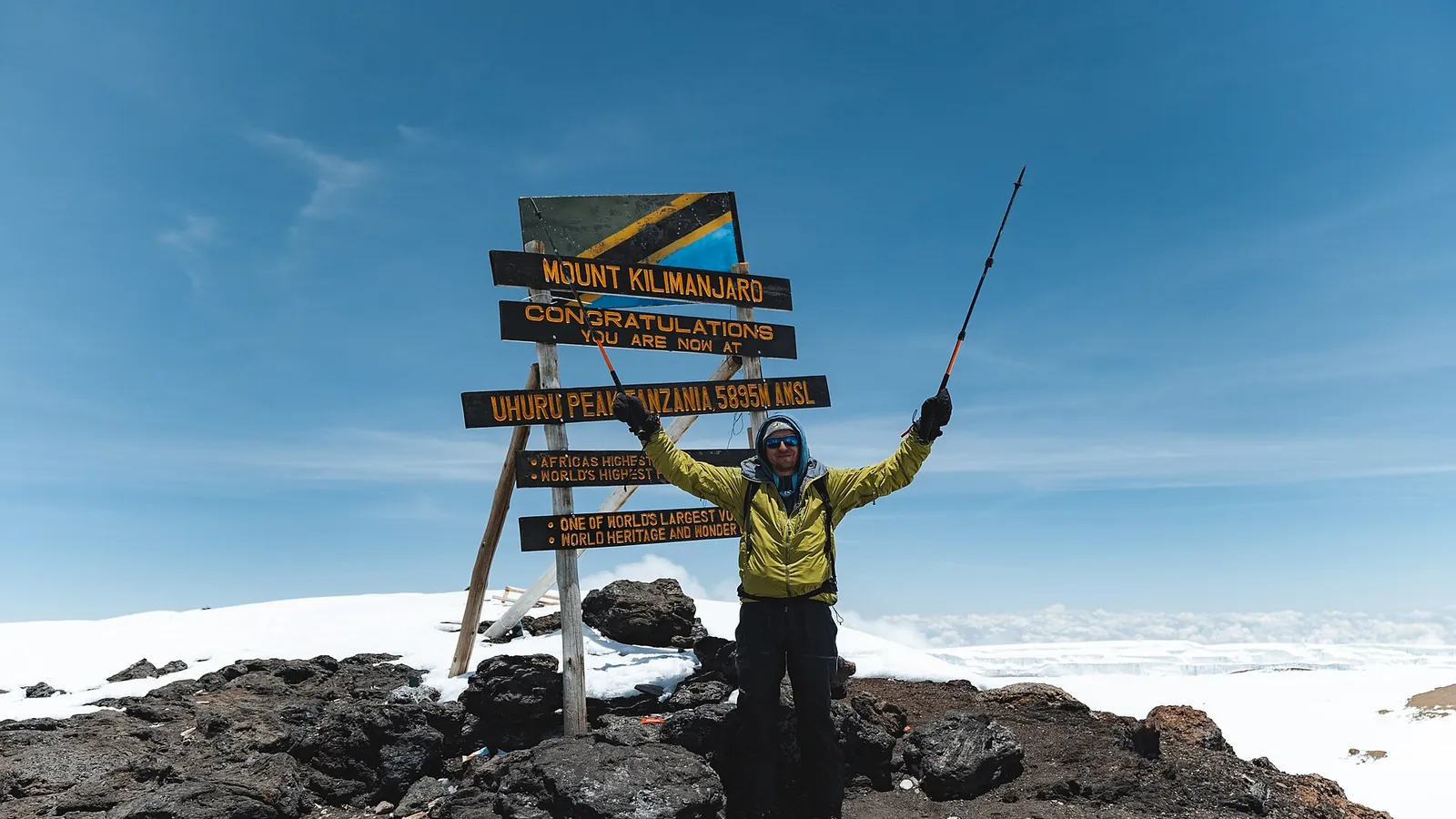 Hikers on Uhuru Peak, the summit of Mount Kilimanjaro