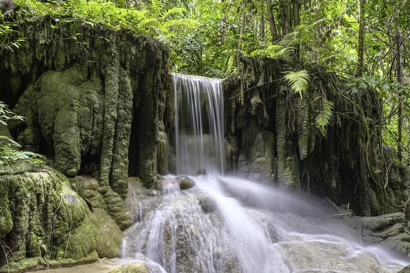 The turquoise cascading pools of Erawan Falls in Kanchanaburi