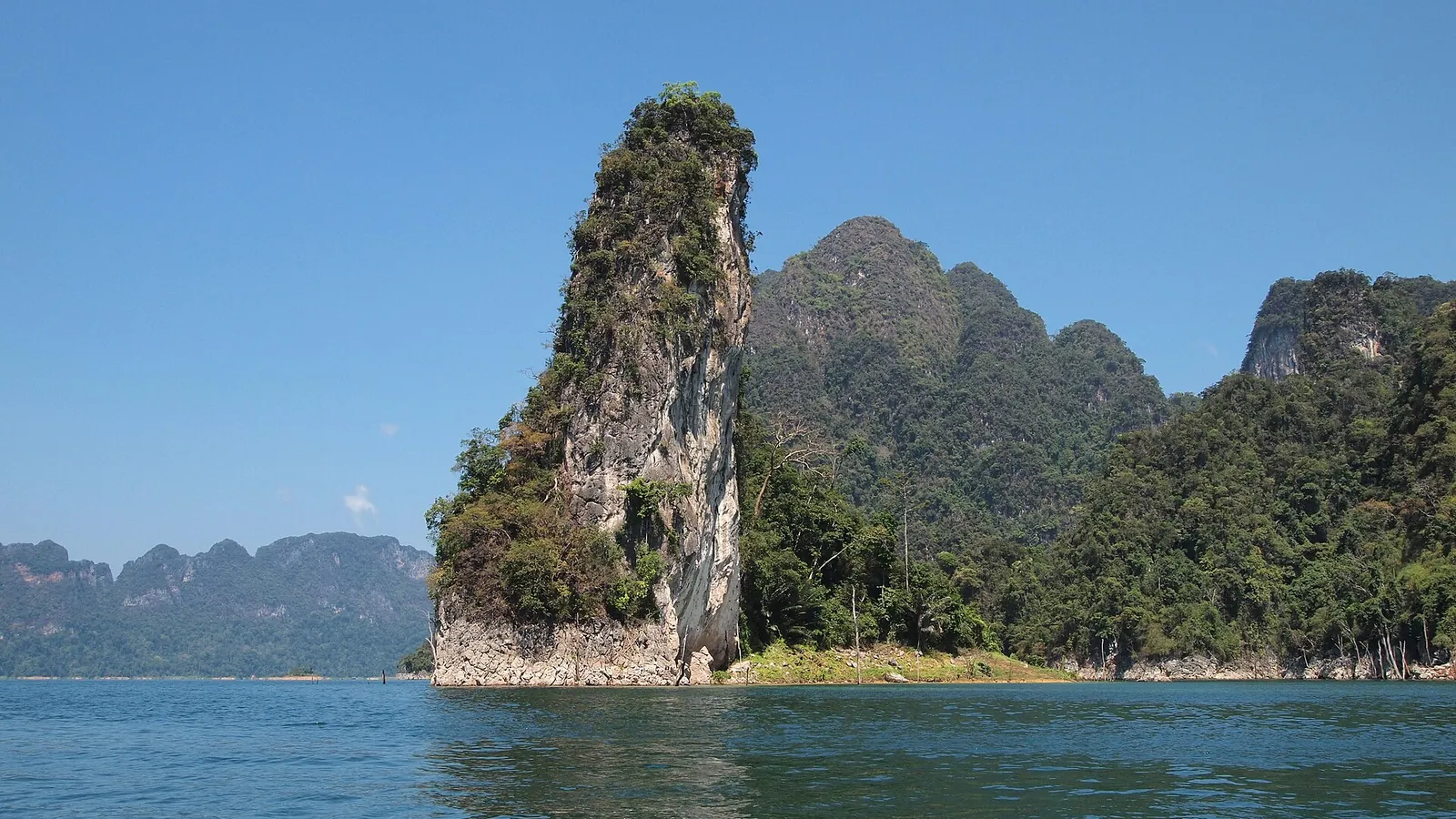 Limestone karsts rising from Cheow Lan Lake in Khao Sok National Park