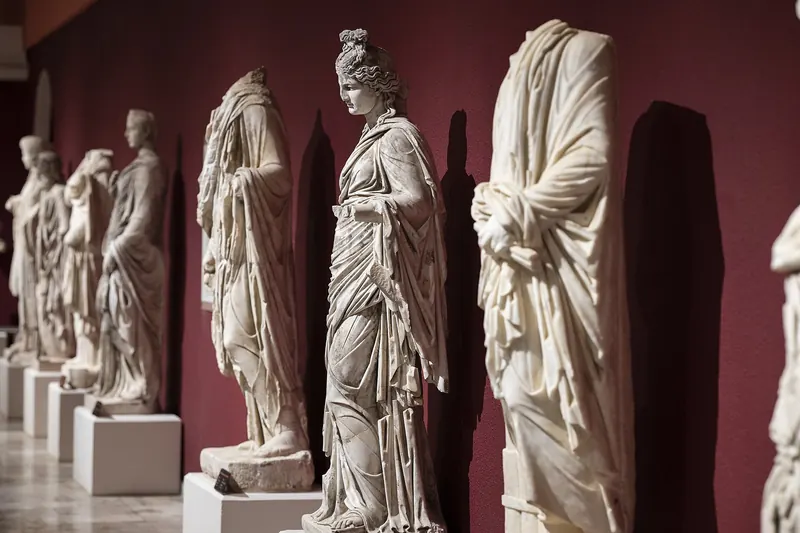 A gallery of statues in the Antalya Museum